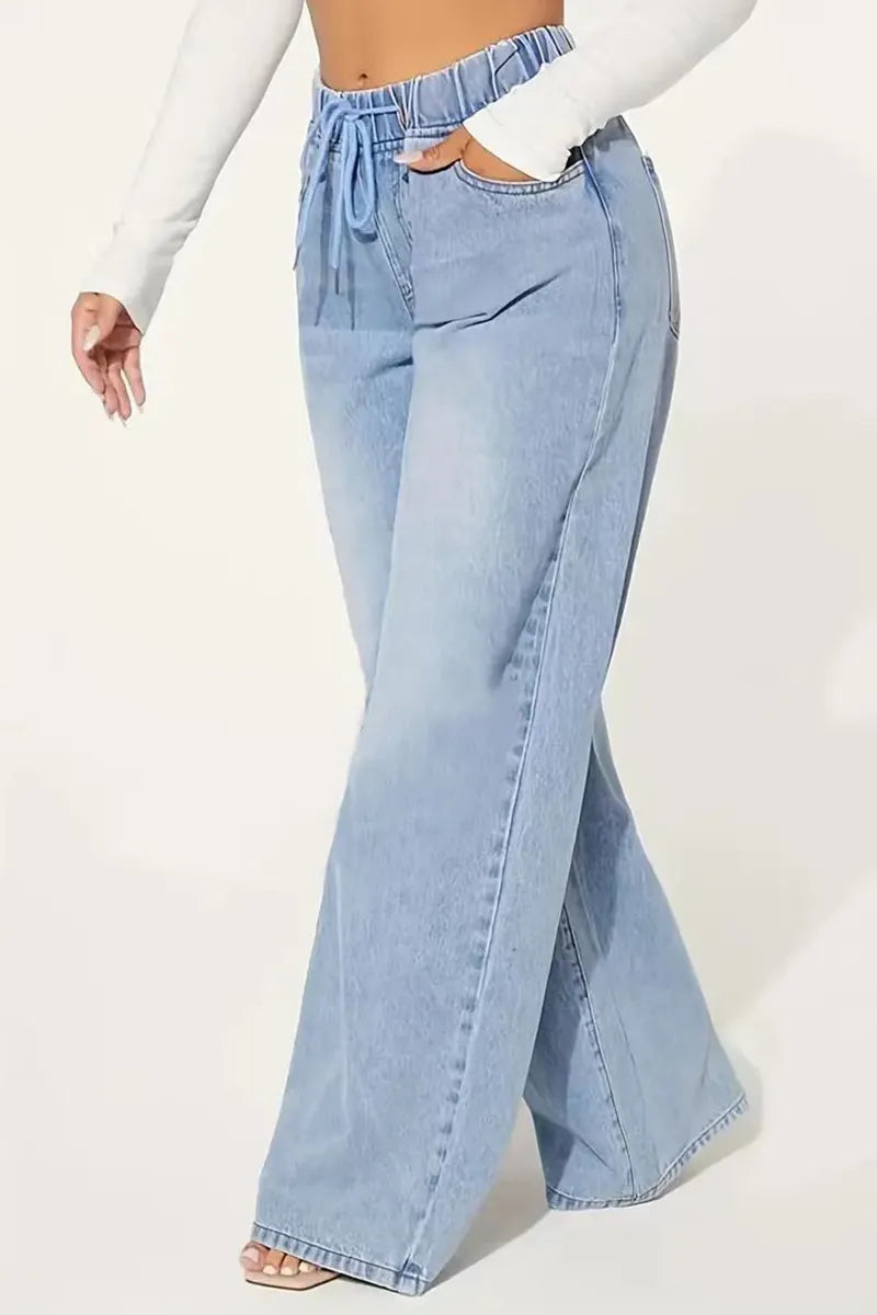 Waisted Drawstring Wide Leg Denim Jeans