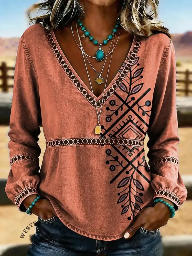 Women's Retro Aztec Floral Art Print Casual Hollow-Out Denim Shirt