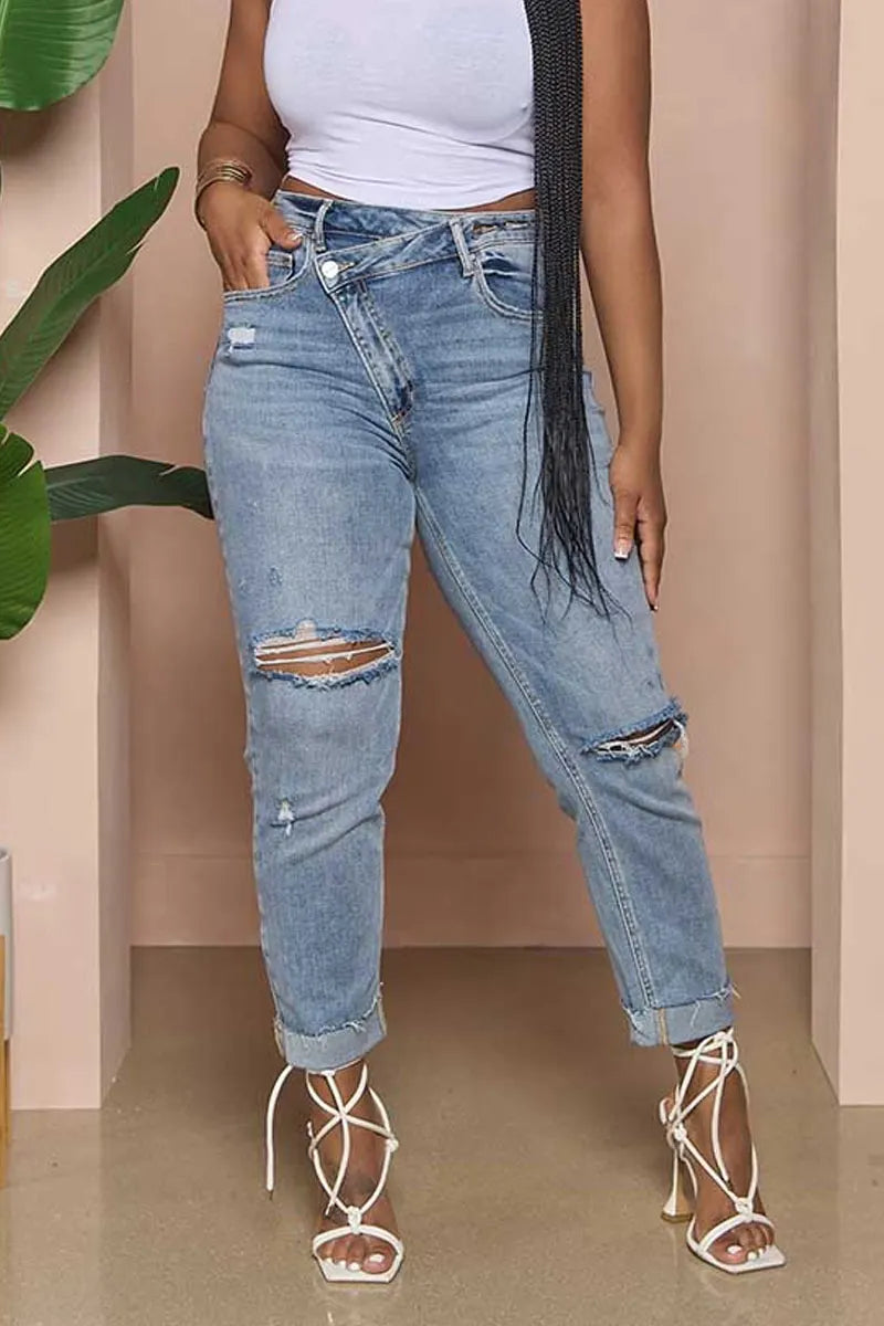 Women's Crossover Waist Ripped Straight Leg Jeans