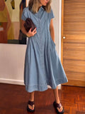 Women's Short-sleeve Casual Loose Pleated Denim Dress With Shirt Collar