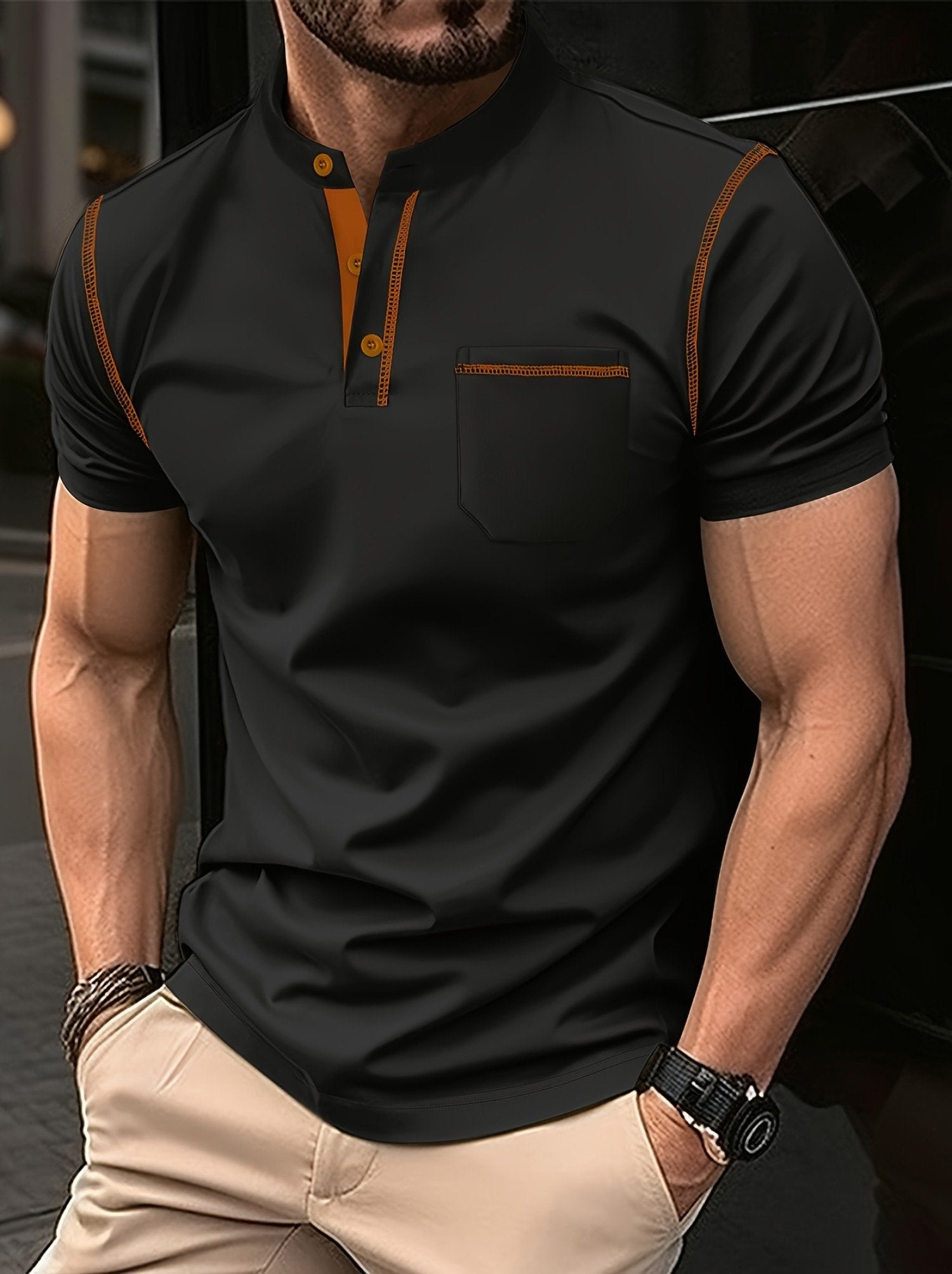 Men's Business Casual Striped Logo Button Short Sleeve Polo Shirt