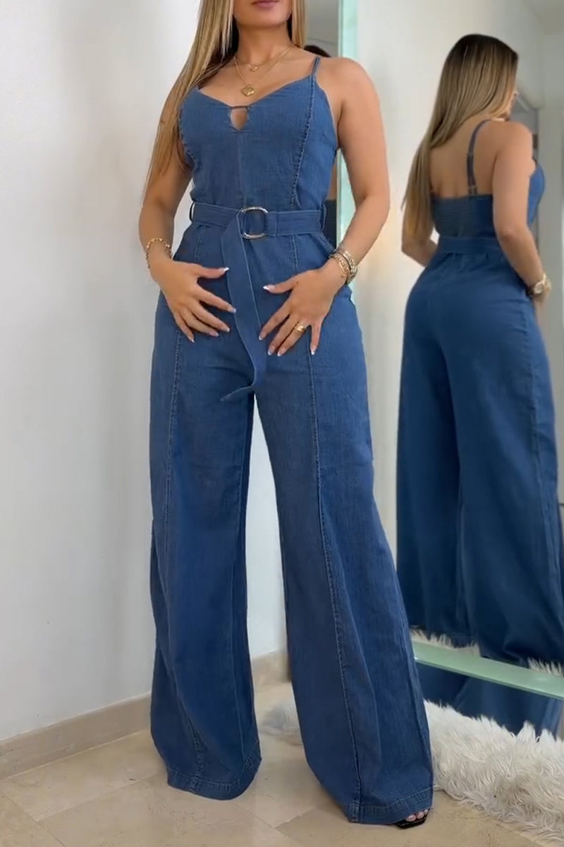 Women's Casual Cami Denim Jumpsuit with Belt
