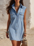 Casual Resort-Style Sleeveless Collared Button-Down Denim Mini Dress