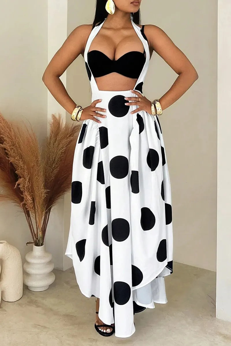 Women's Neck Hanging Patchwork Polka Dot Print Irregular Casual Dress