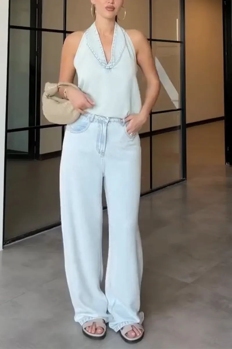 Women's Casual Hanging Neck Sleeveless Top or Wide Leg Jeans