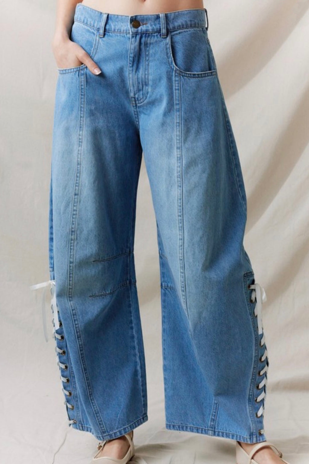 Women's Casual Lace Up Loose Barrel Jeans
