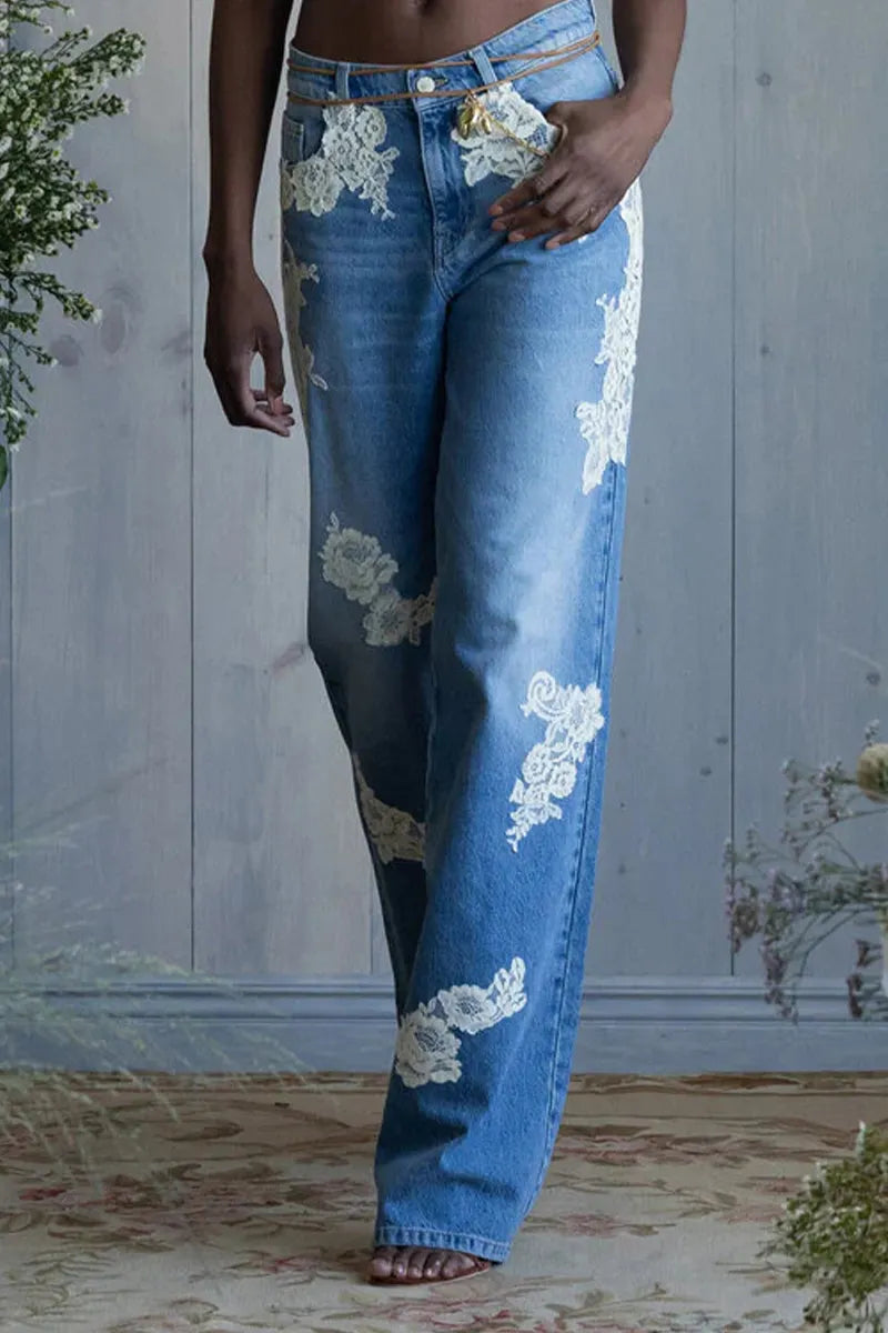 Hot Selling Women's Casual Washed Lace Straight Leg Jeans