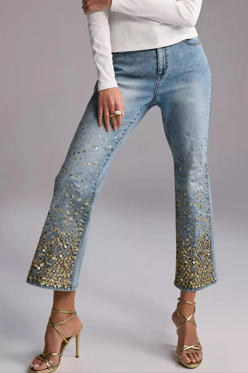 Ladies' Hot Selling Casual Gradient Sequin Flared Jeans