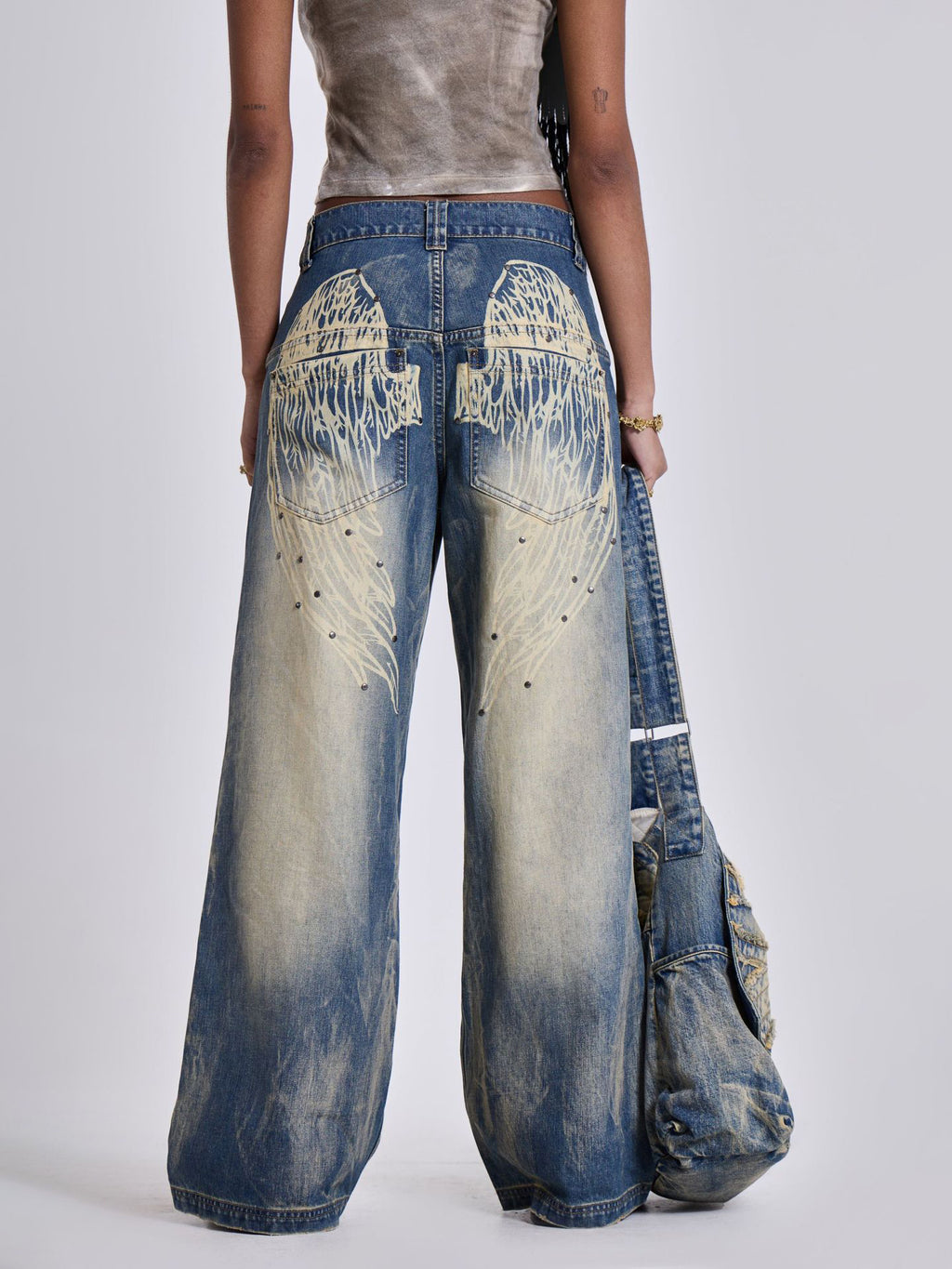 Vintage Distressed Ombre Wing Print Wide Leg Jeans