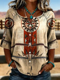 Women's Vintage Western Tribal Pattern Casual Hollow-out Denim Shirt