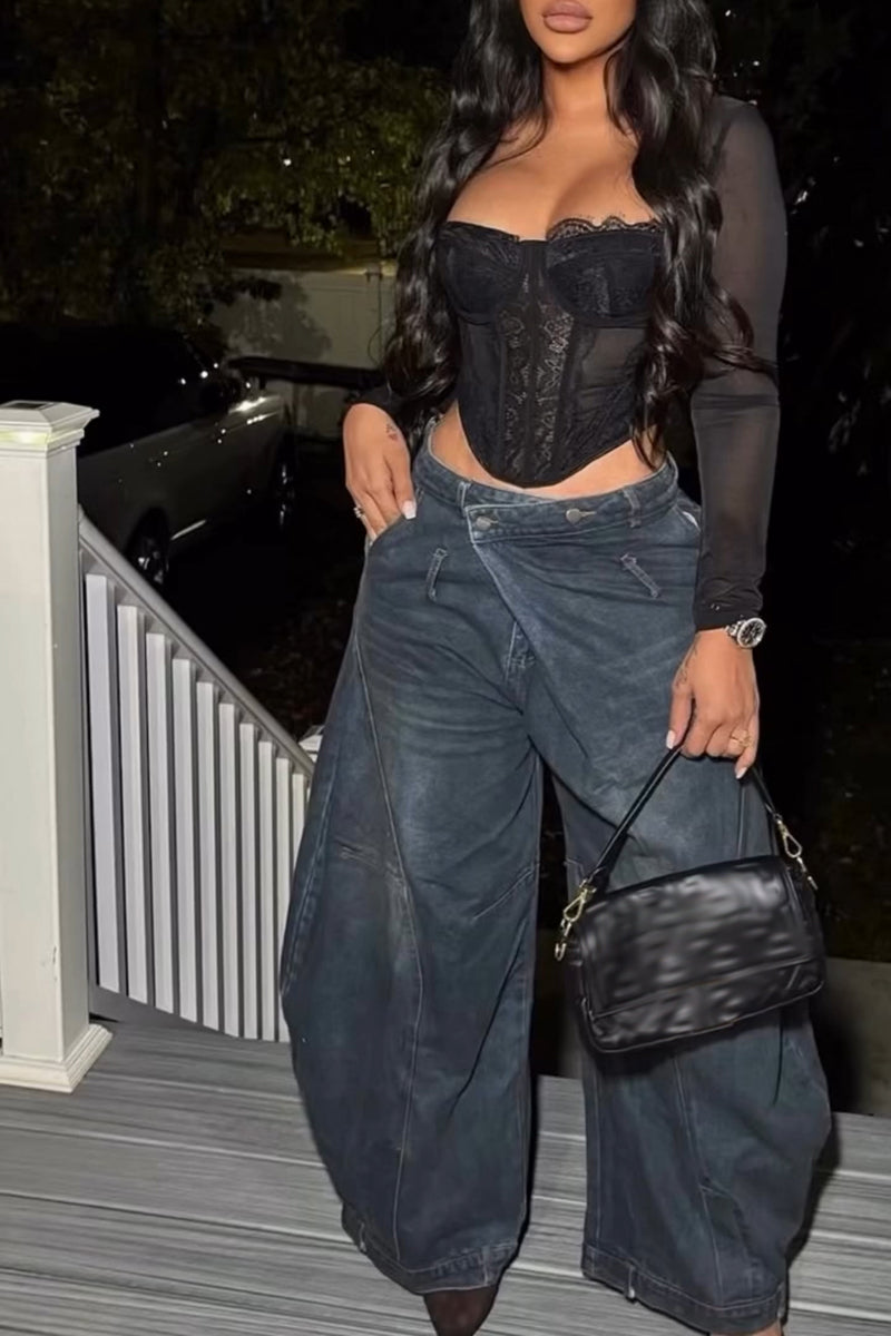 Women's Fashion Asymmetric Waistband Wide Leg Jeans