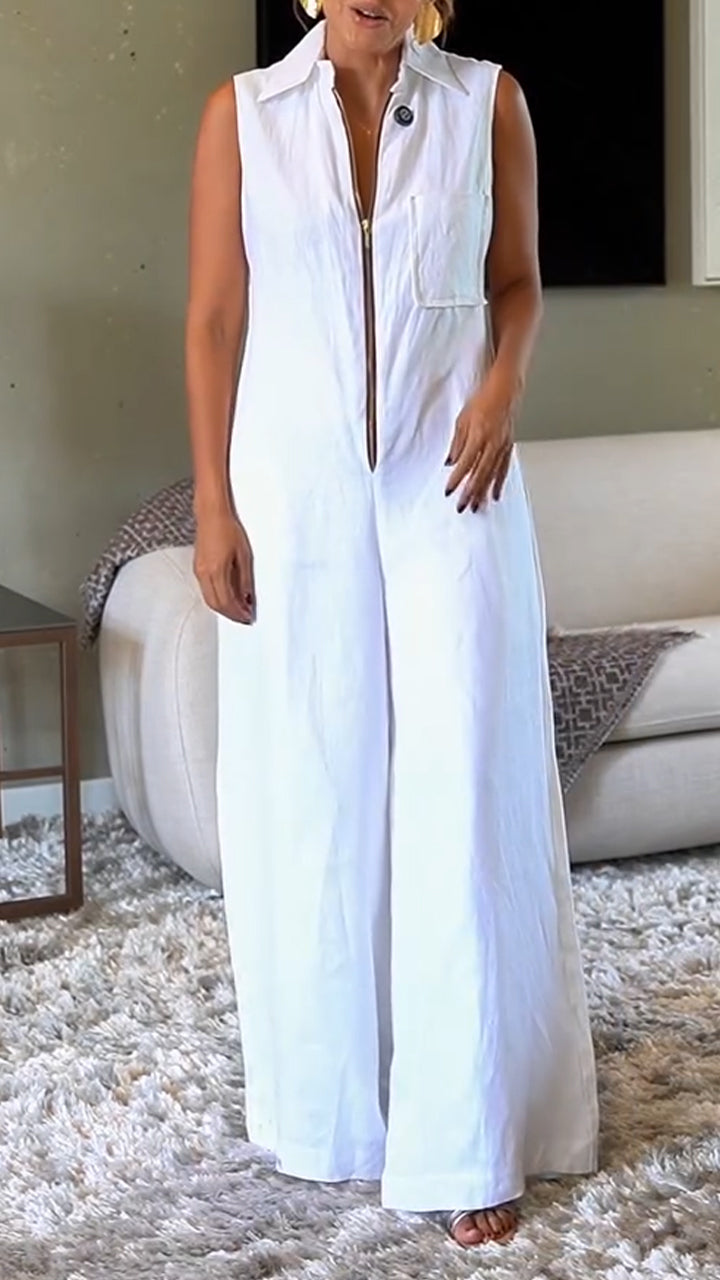 Women Collar Sleeveless Zipper Casual Temperament Wide Leg Jumpsuit