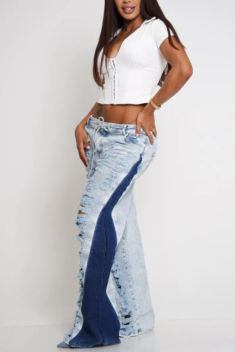 Women's Casual Ripped Washed Side Color Block Jeans