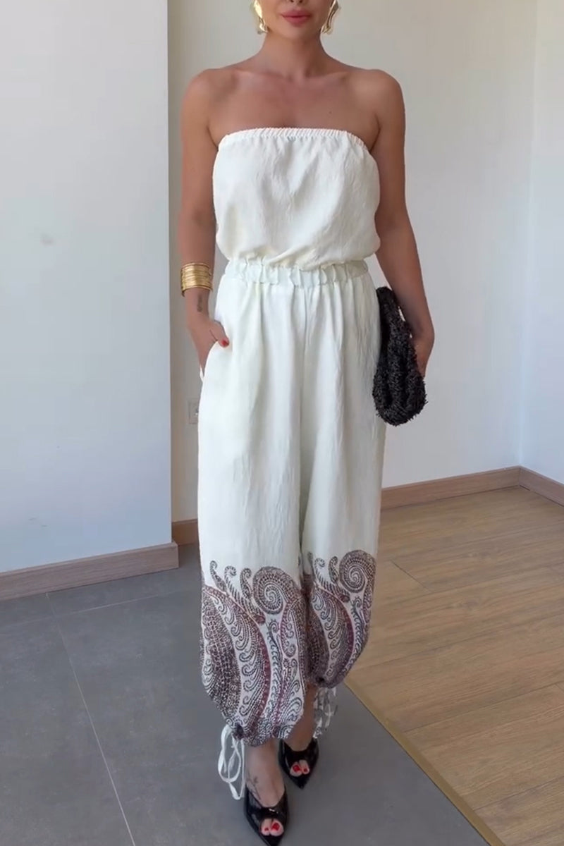 Women's Casual Strapless Elastic Cuff Pattern Print Jumpsuit