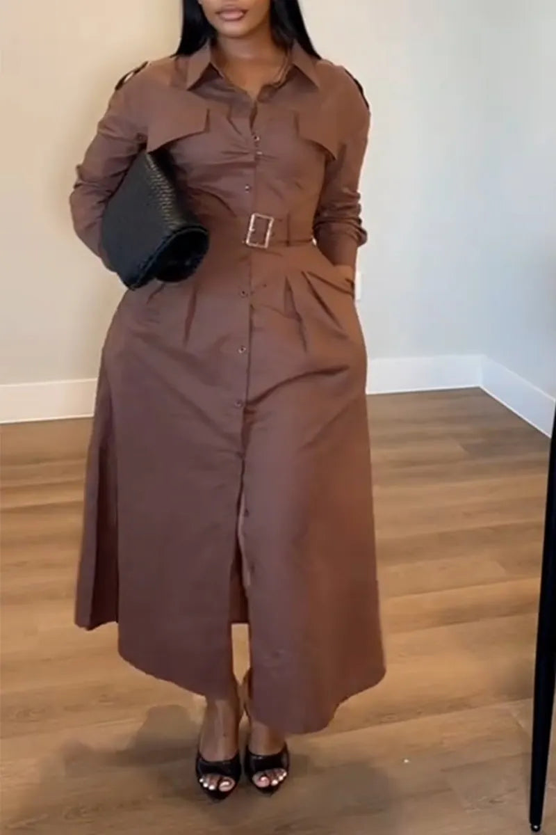 Women Lapel Buckle Waist Cinching Temperament Commuting Formal Dress
