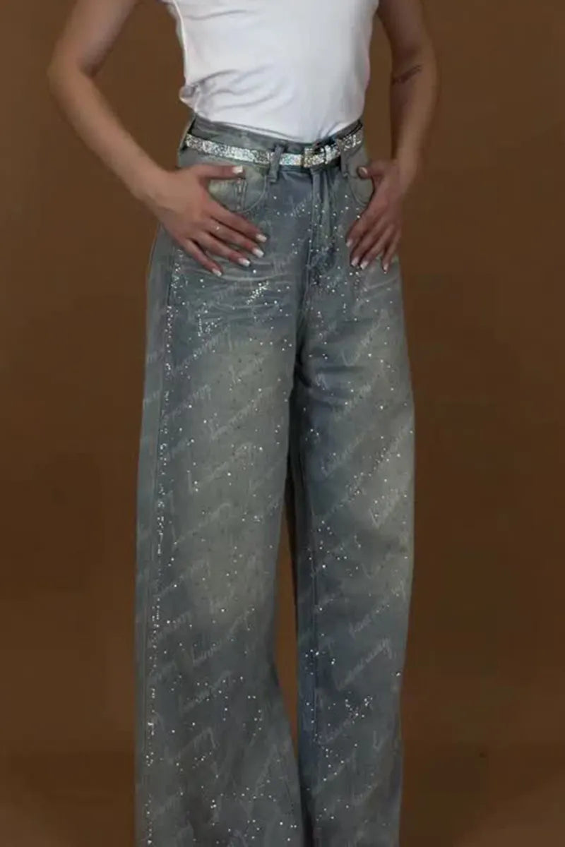 Women's Elegant Letter-Pattern Rhinestone Trim Jeans