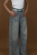 Women's Elegant Letter-Pattern Rhinestone Trim Jeans