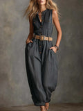 Women's Round Neck Sleeveless Casual Loose Denim Jumpsuit