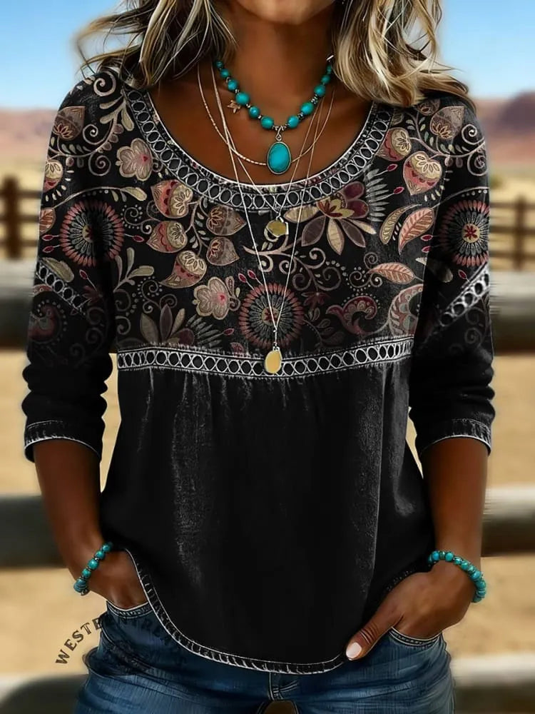 Women's Vintage Floral Print Casual Hollow Denim Shirt