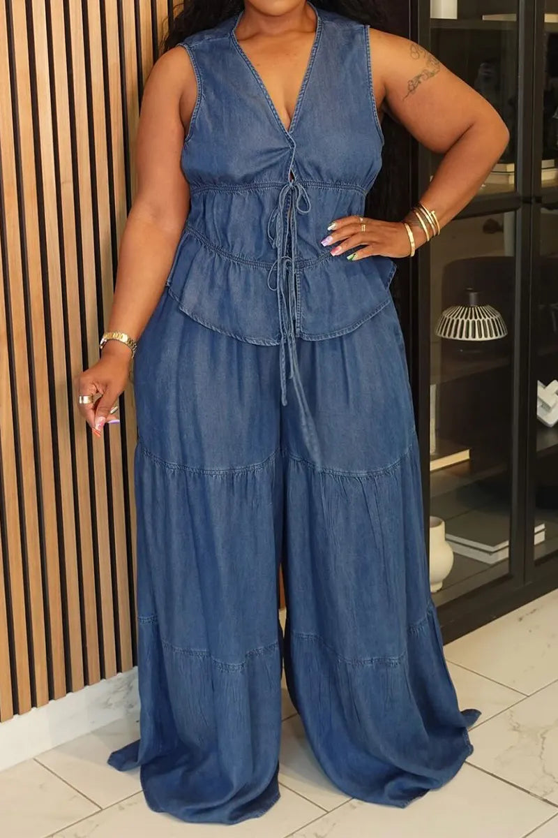 Women's Casual Tie Back Vest & Tiered Wide Leg Jeans
