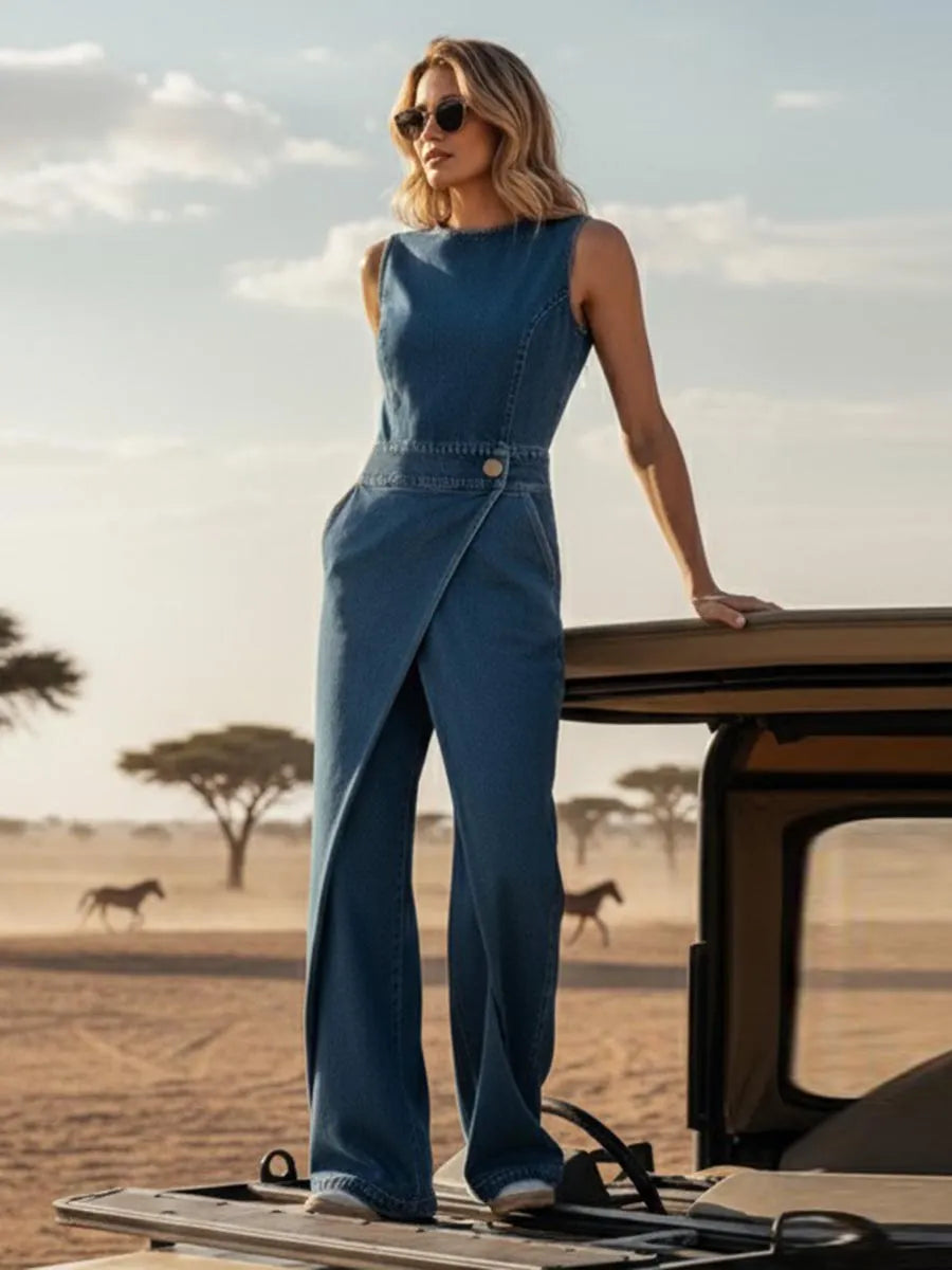 Buttoned Interlace Pockets Solid Color Split-Joint High Waisted Irregularity Round-Neck Jumpsuits