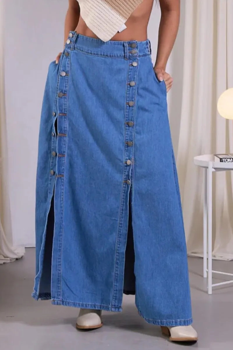 Women's High-Waisted Denim Wrap Skirt with Side Buttons & A-Line Silhouette