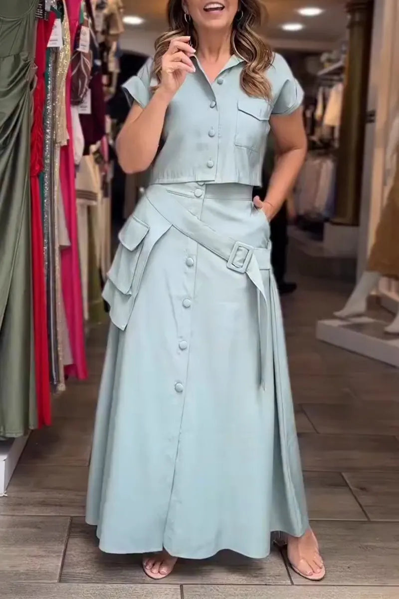 Women's Collar Top+ Patchwork Skirt Elegant Casual Set