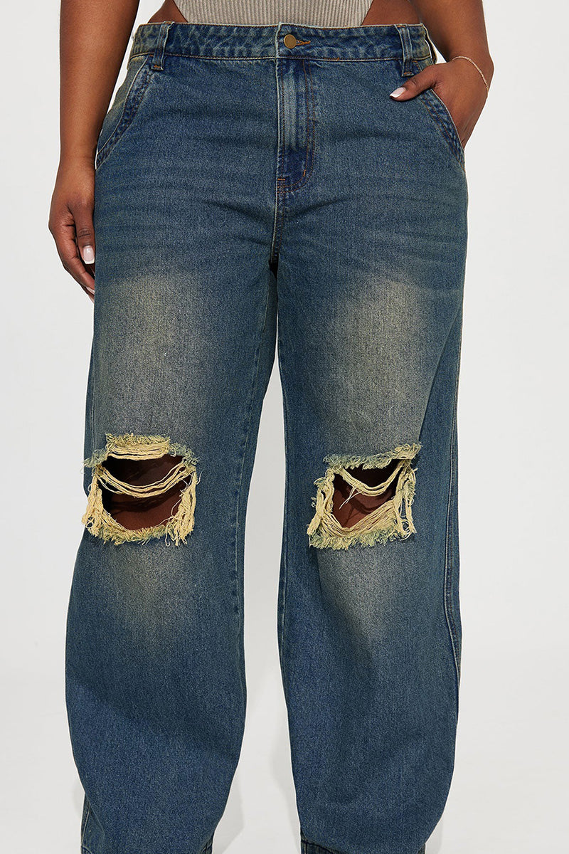 Ladies Industrial Wash Knee Rip Wide Leg Jeans