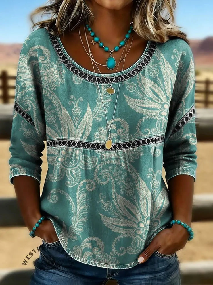 Women's Vintage Print Casual Hollow Denim Shirt