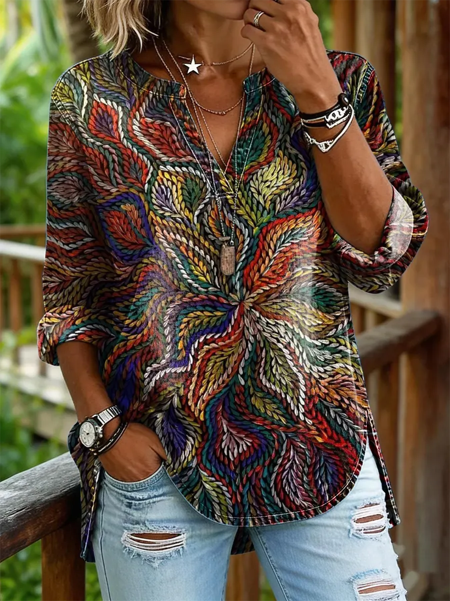 Women's Casual V-Neck Washed Cotton Denim Shirt with Abstract Floral Art Print
