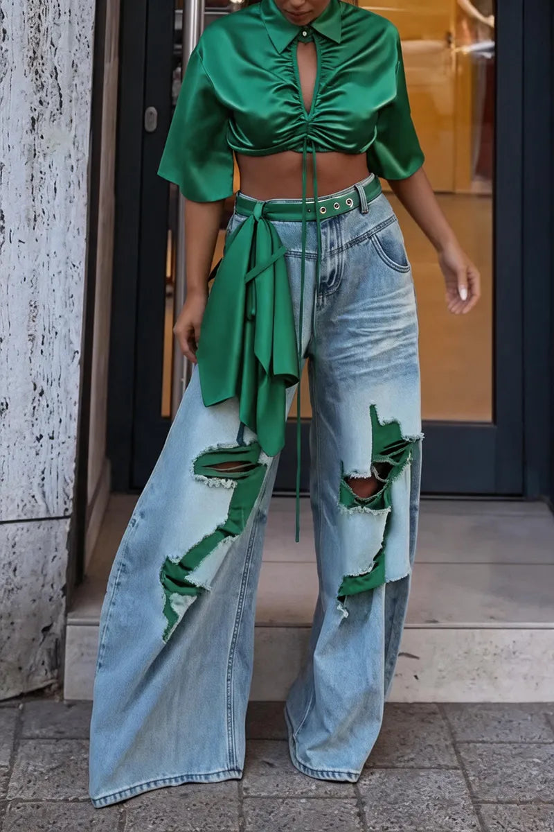 Women's Fashion Short Drawstring Pleated Top or Ripped Wide Leg Jeans