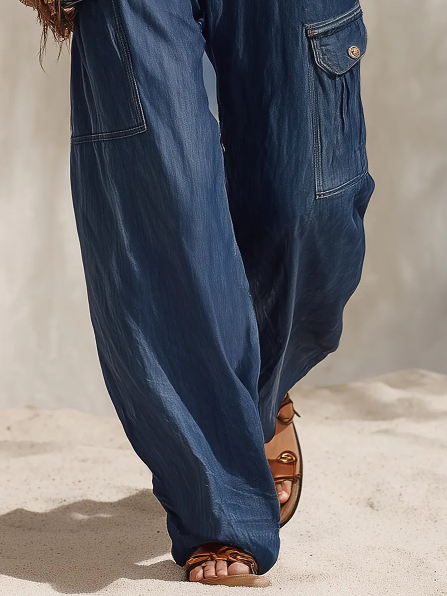 Bohemian Vacation Blue Denim Multi-pocket Jeans