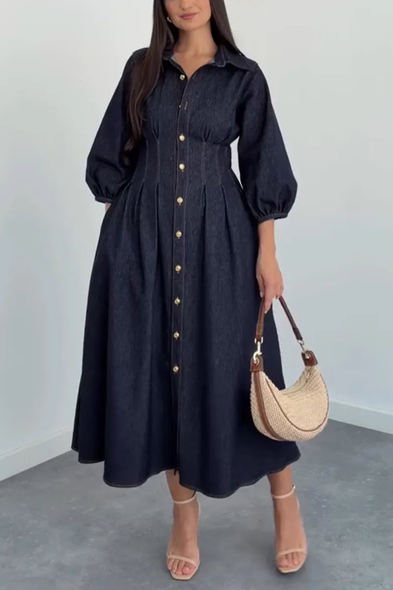 Women's Collar and Buckle Elegant Casual Denim Dress