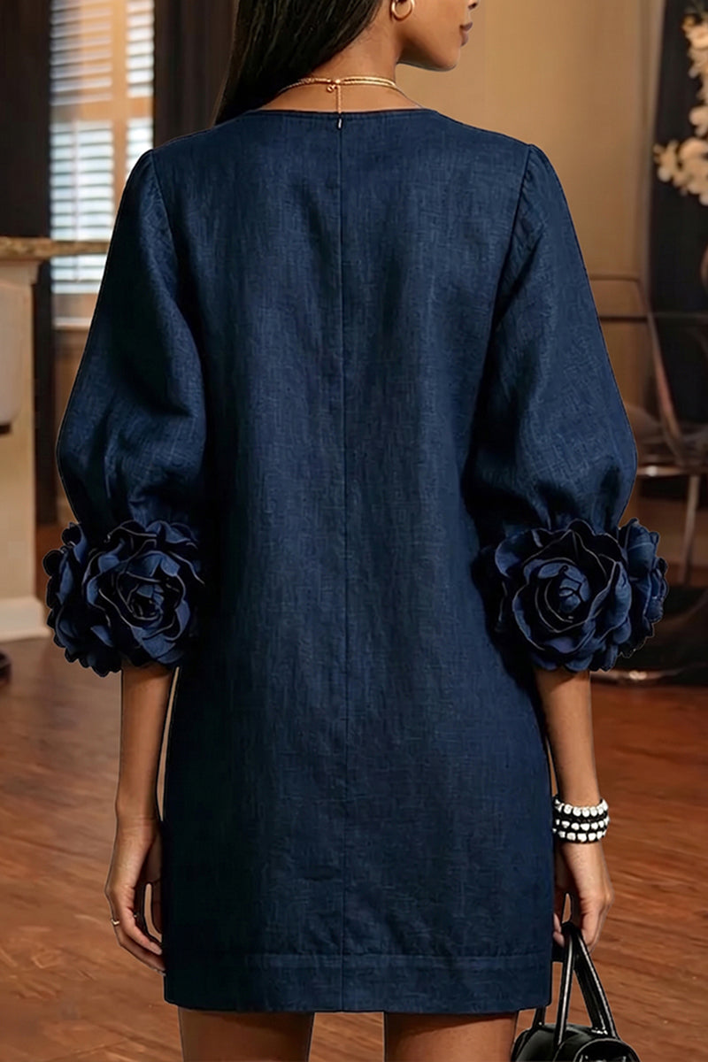 Women's Elegant Cuff Flower Decoration Loose Mini Dress