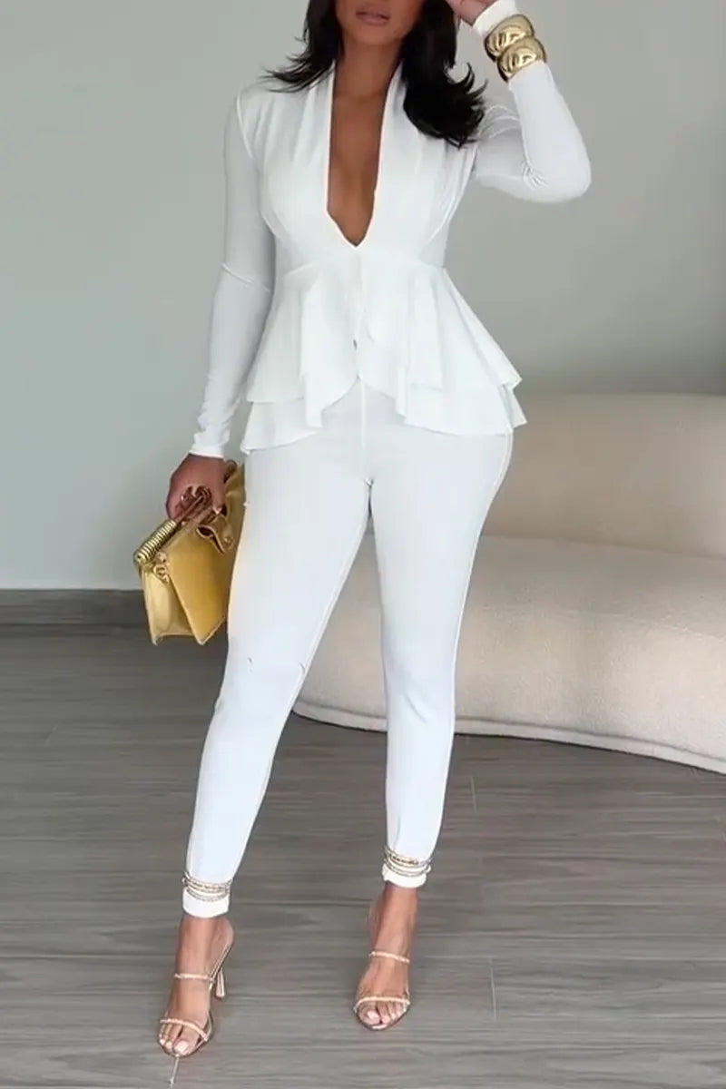 Women's Casual Ruffle Hem V-Neck Shirt Slim Pants Two-Piece Set