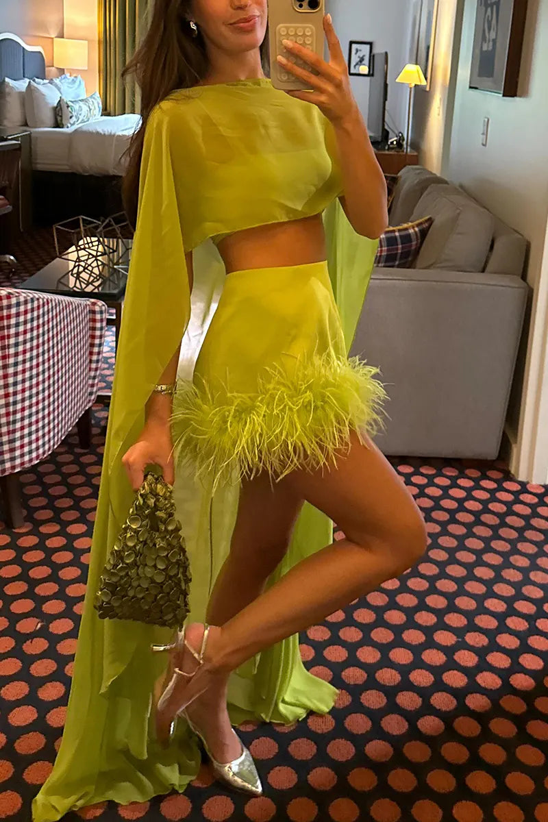 Women's Elegant Vest Long Cape Feather Skirt Three-Piece Set