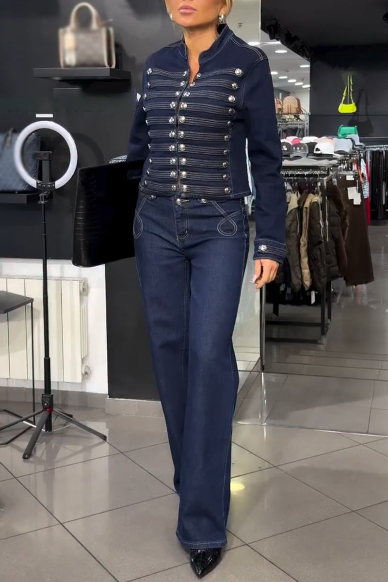 Women's Round Neck Spliced Double Breasted Jacket or Jeans