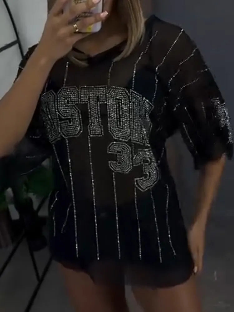 Women Round Neck Rhinestone Printed Letter Casual Top