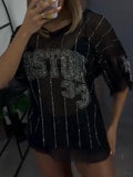 Women Round Neck Rhinestone Printed Letter Casual Top