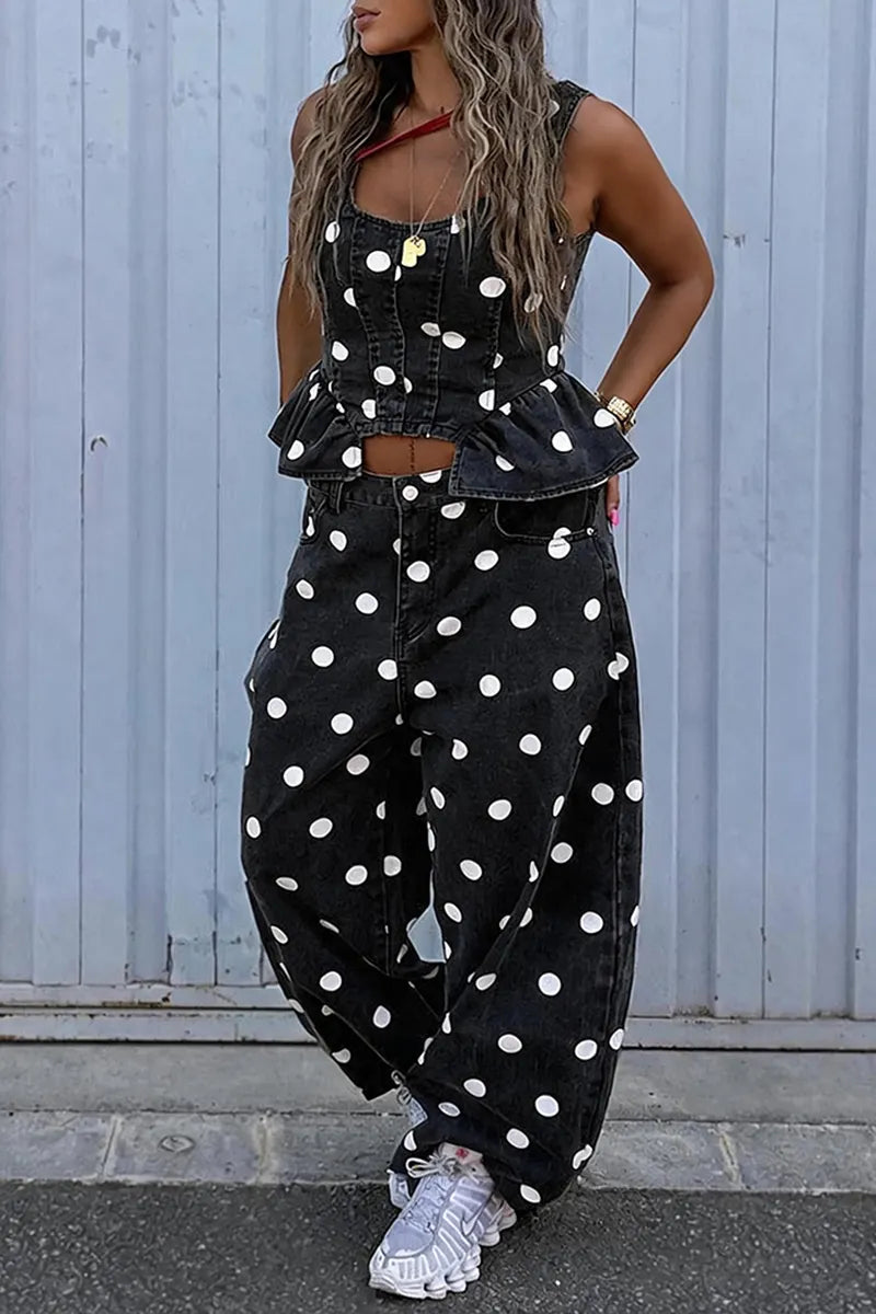 Women's Casual Polka Dot Flounce Hem Denim Vest or Wide Leg Jeans