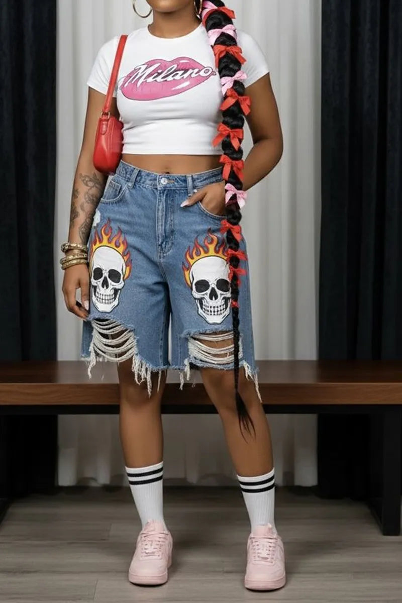 Women's High Waist Distressed Skull Graphic Frayed Wide Leg Jort Shorts