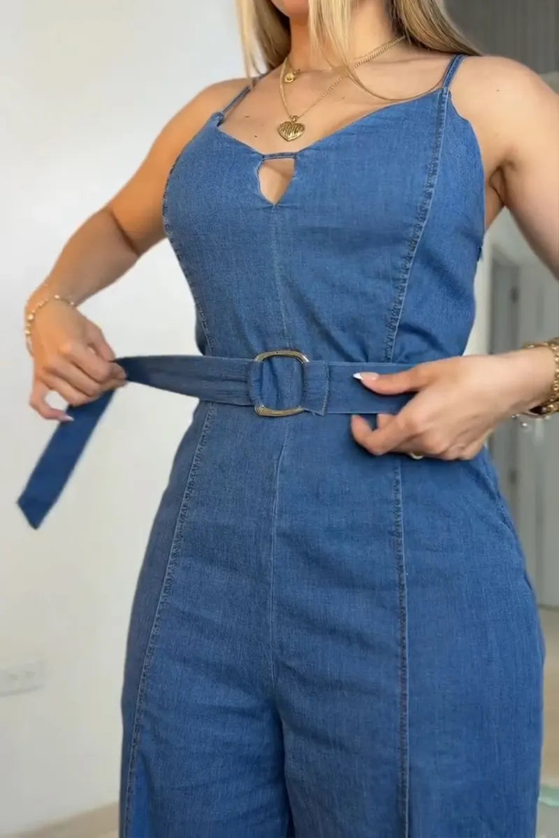 Women's Casual Cami Denim Jumpsuit with Belt