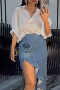 Women Elegant Casual Collar Shirt or Irregular Slit Denim Half Skirt