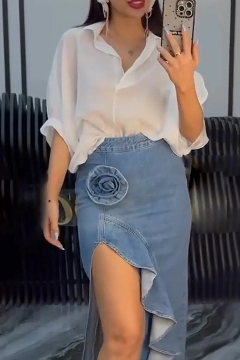 Women Elegant Casual Collar Shirt or Irregular Slit Denim Half Skirt