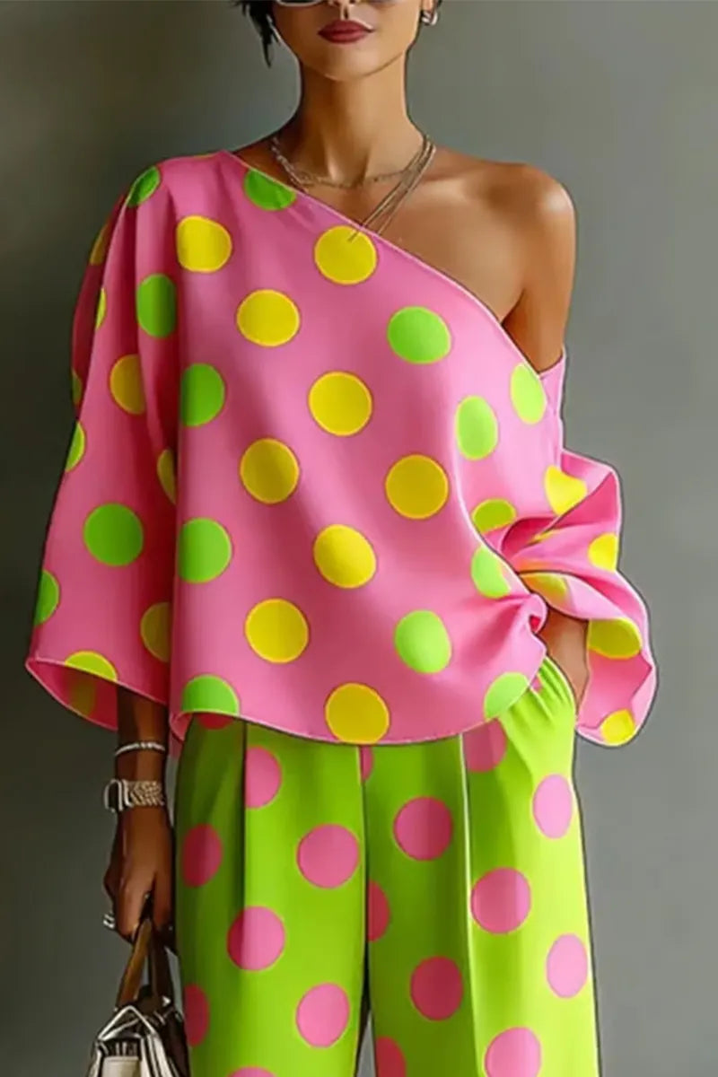 Women Colorful Polka Dot Off Shoulder Top+ Wide Leg Pants Two-piece Set