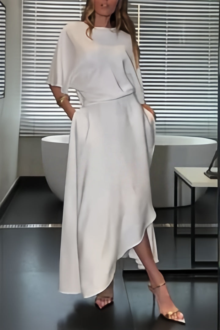 Satin Wrap Asymmetric Maxi Dress | Half-Sleeve Draped Silhouette
