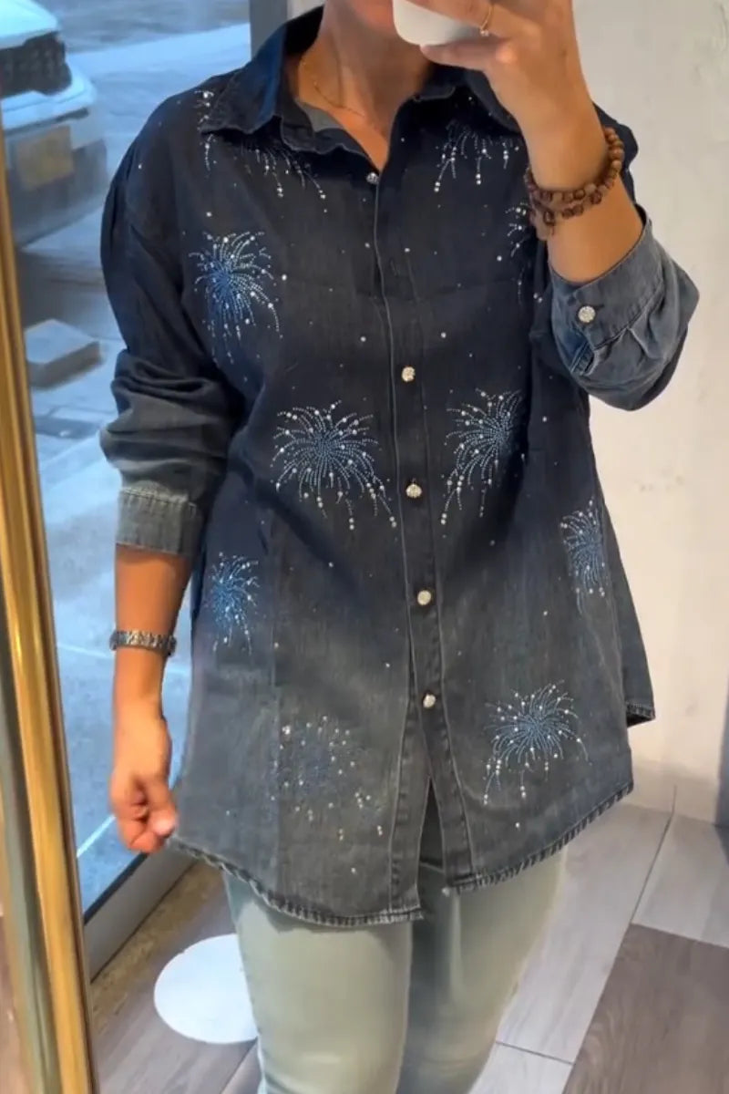 Women Casual Washed Denim Shirt with Rhinestone Firework Motif and Lapel Collar