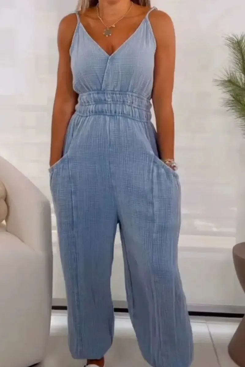 Women's Casual Ombré Denim Jumpsuit With Spaghetti Straps