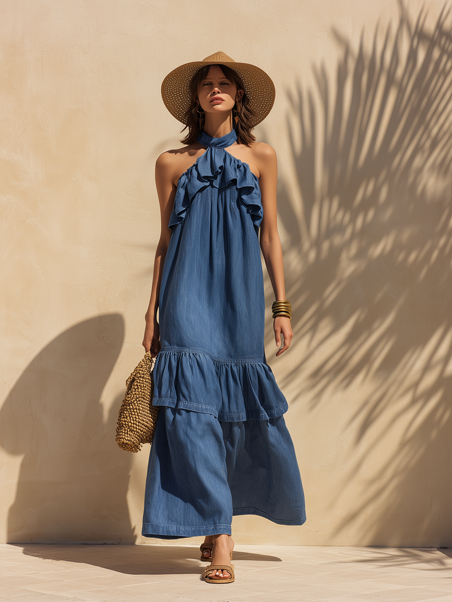 Elegant Bohemian Ruffled Sleeveless Denim Maxi Dress