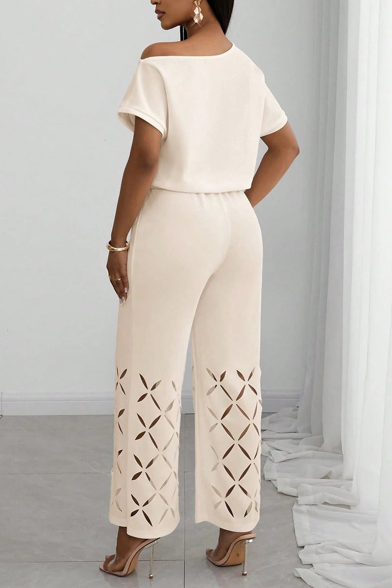 Women's Casual Burnout Pattern Cut-Out Top Pants Two-Piece Set